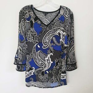 Sami & Jo Women's Blue Paisley V Neck Bell Sleeve Textured Shirt Top Blouse